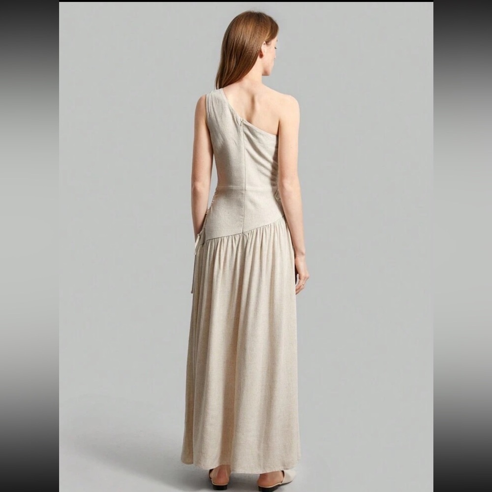 Elegant Khaki Linen One-Shoulder Dress - Picture 2 of 9